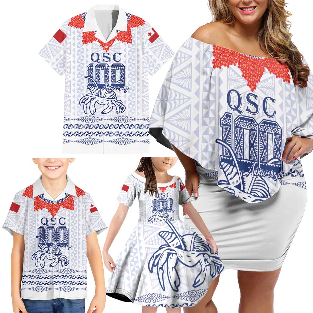 Queen Salote College 100 Years Anniversary Personalized Family Matching Off Shoulder Short Dress and Hawaiian Shirt Tonga QSC White LT7 - Polynesian Pride