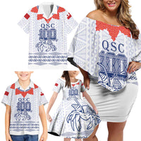 Queen Salote College 100 Years Anniversary Personalized Family Matching Off Shoulder Short Dress and Hawaiian Shirt Tonga QSC White LT7 - Polynesian Pride