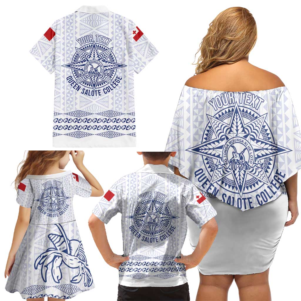 Queen Salote College 100 Years Anniversary Personalized Family Matching Off Shoulder Short Dress and Hawaiian Shirt Tonga QSC White LT7 - Polynesian Pride
