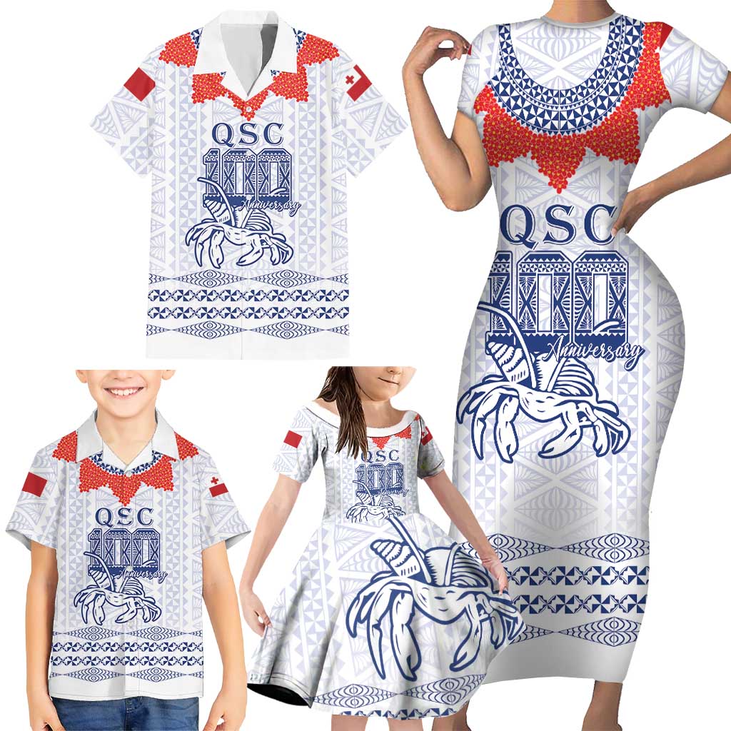 Queen Salote College 100 Years Anniversary Personalized Family Matching Short Sleeve Bodycon Dress and Hawaiian Shirt Tonga QSC White - Polynesian Pride
