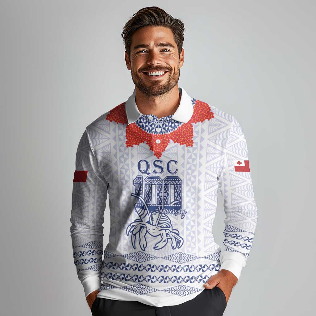 Queen Salote College 100 Years Anniversary Personalized Long Sleeve Polo Shirt Tonga QSC White LT7 - Polynesian Pride