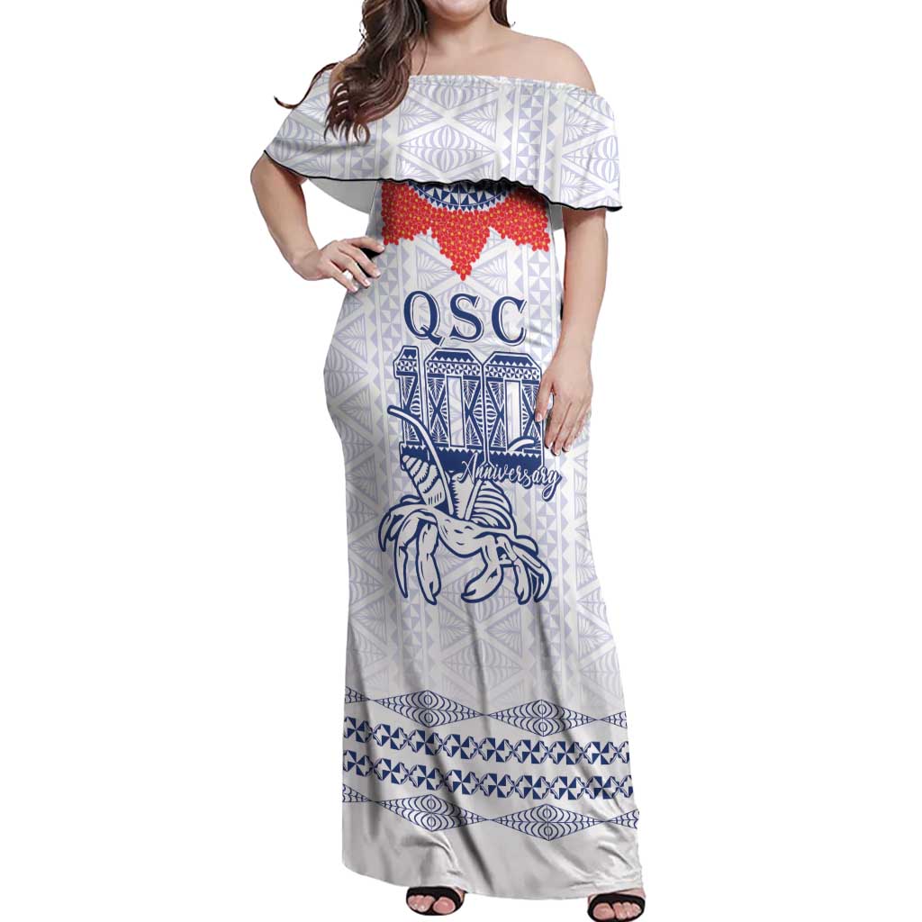 Queen Salote College 100 Years Anniversary Personalized Off Shoulder Maxi Dress Tonga QSC White - Polynesian Pride