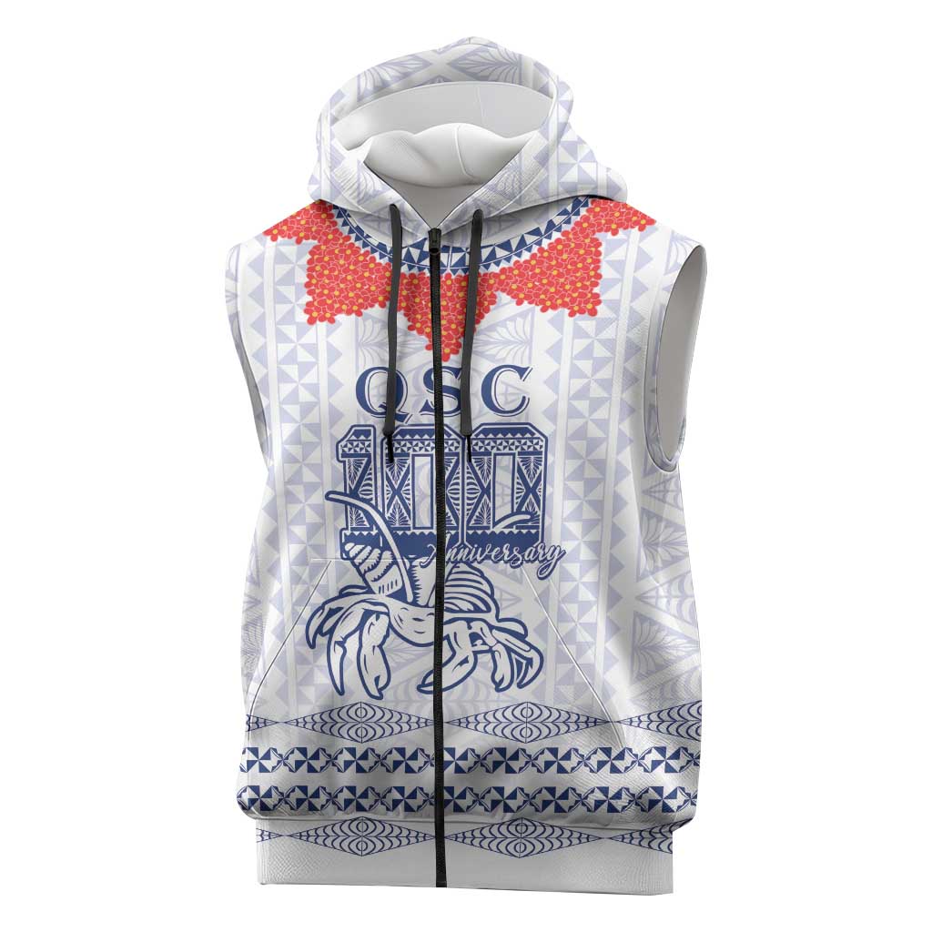 Queen Salote College 100 Years Anniversary Personalized Sleeveless Zip Hoodie Tonga QSC White - Polynesian Pride