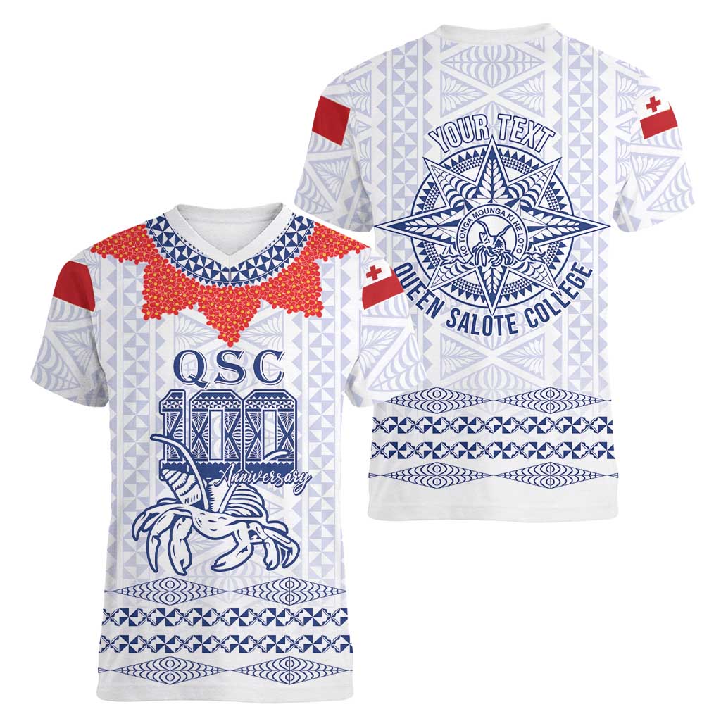 Queen Salote College 100 Years Anniversary Personalized Women V-Neck T-Shirt Tonga QSC White - Polynesian Pride