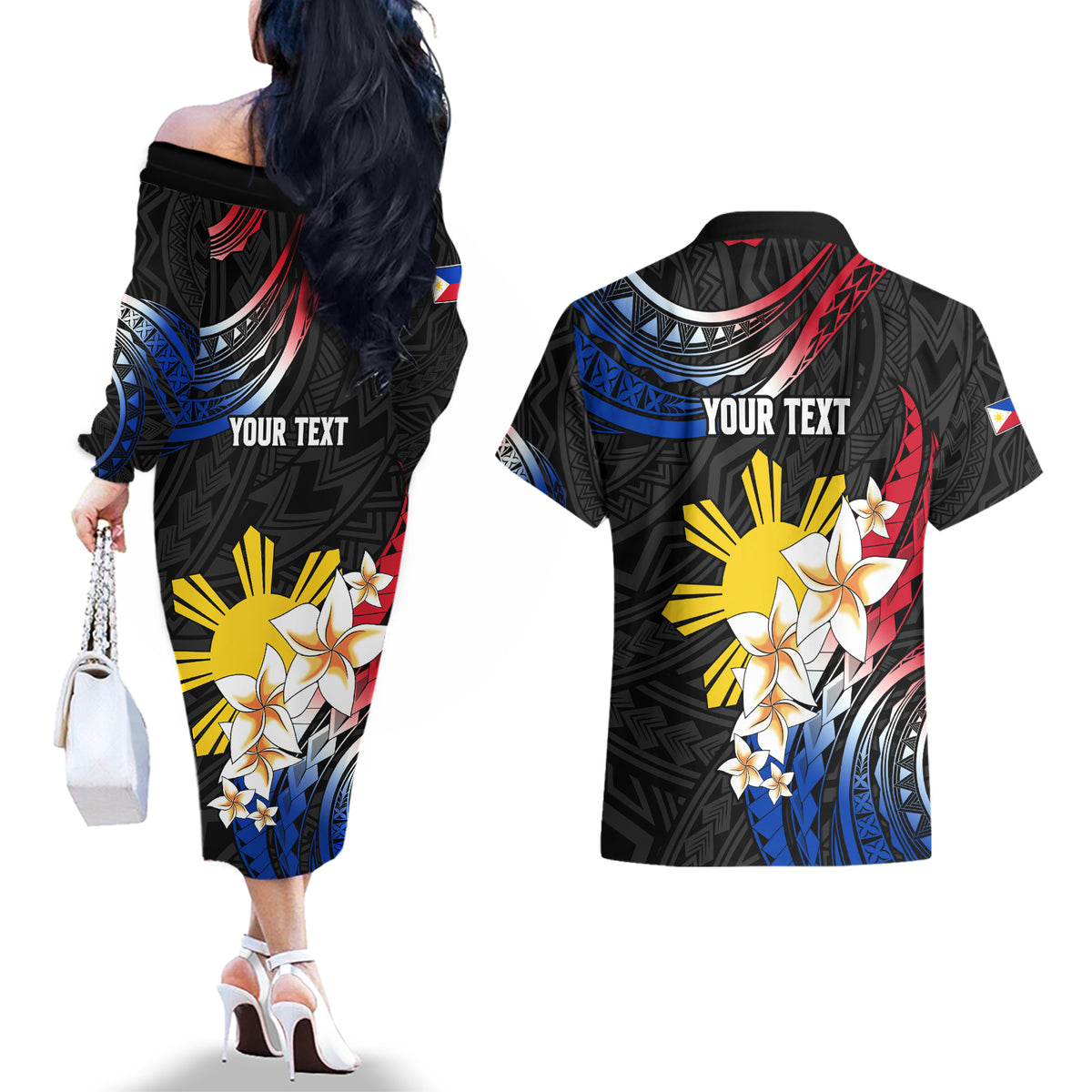 Personalised Philippines Tribal Couples Matching Off The Shoulder Long Sleeve Dress and Hawaiian Shirt Mix Plumeria - Flag Colors LT7 - Polynesian Pride