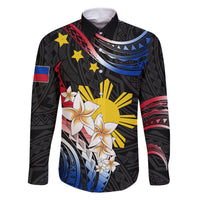 Personalised Philippines Tribal Family Matching Off Shoulder Long Sleeve Dress and Hawaiian Shirt Mix Plumeria - Flag Colors LT7 Dad's Shirt - Long Sleeve Black - Polynesian Pride