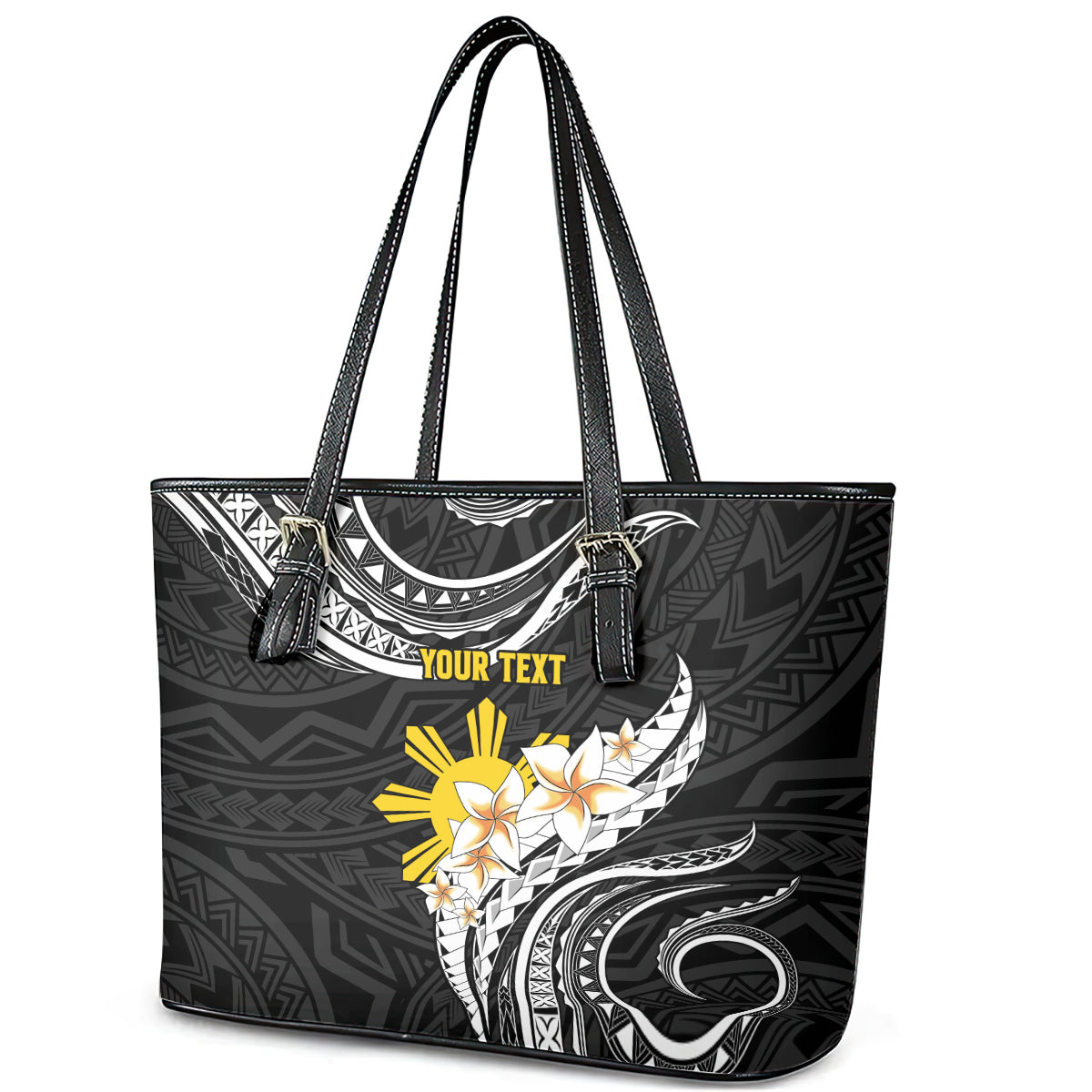 Personalised Philippines Tribal Leather Tote Bag Mix Plumeria LT7 - Polynesian Pride