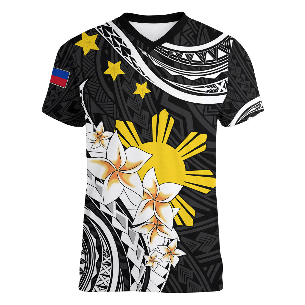 Personalised Philippines Tribal Women V Neck T Shirt Mix Plumeria LT7 Female Black - Polynesian Pride