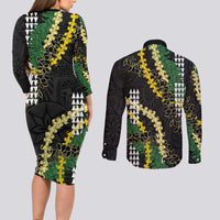 Hawaii Aloha Kakau Couples Matching Long Sleeve Bodycon Dress and Long Sleeve Button Shirt Puakenikeni and Maile Lei Twist LT7 - Polynesian Pride