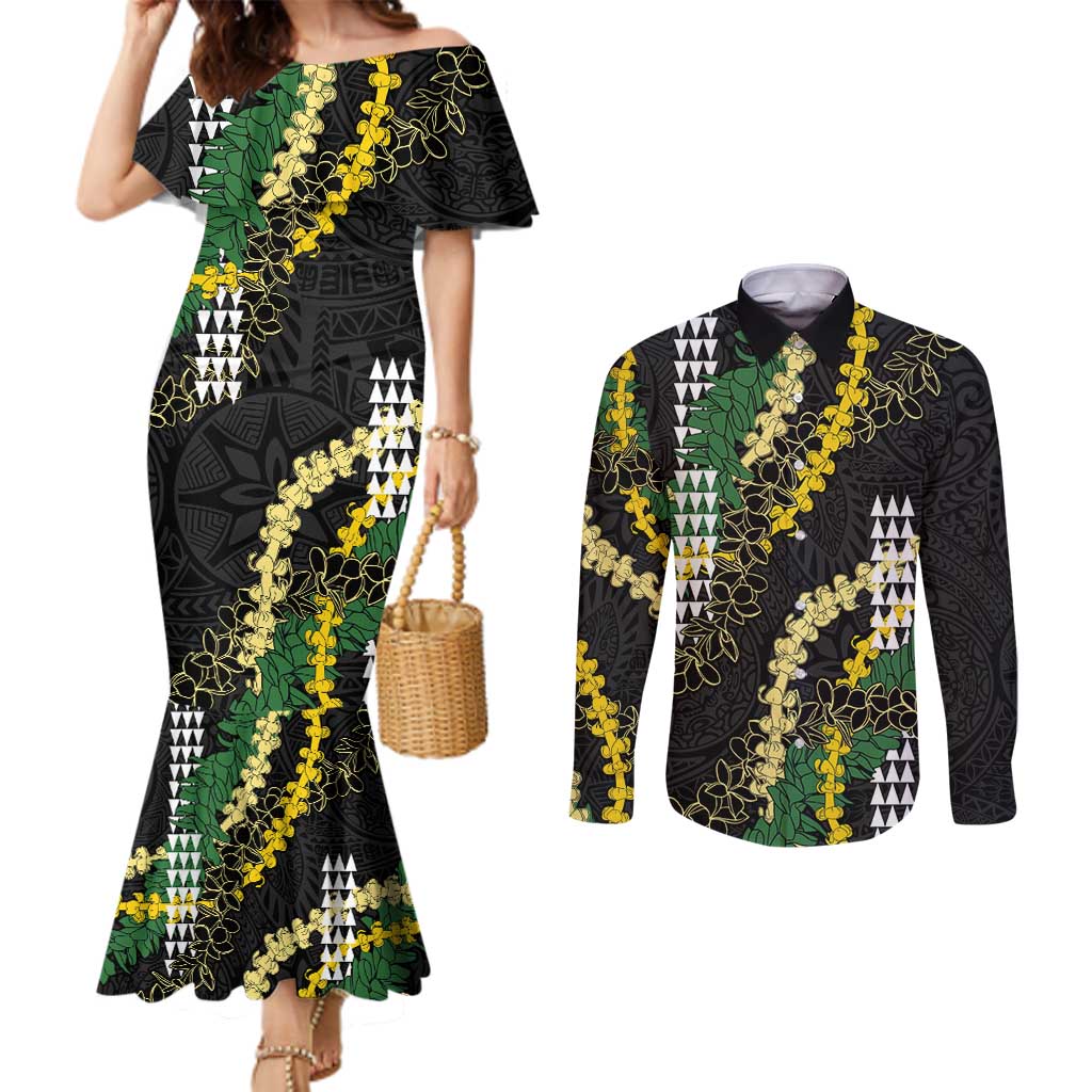 Hawaii Aloha Kakau Couples Matching Mermaid Dress and Long Sleeve Button Shirt Puakenikeni and Maile Lei Twist LT7 Black - Polynesian Pride