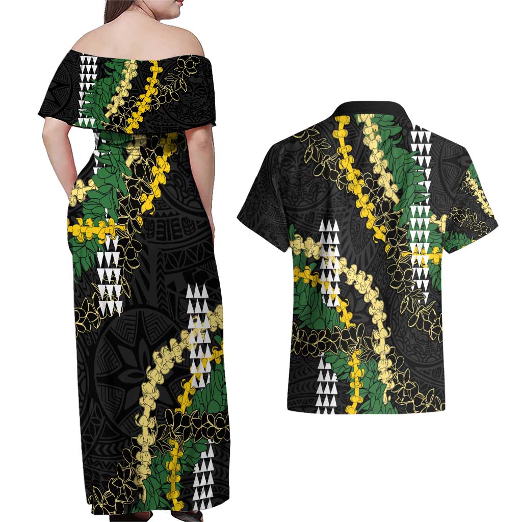 Hawaii Aloha Kakau Couples Matching Off Shoulder Maxi Dress and Hawaiian Shirt Puakenikeni and Maile Lei Twist LT7 - Polynesian Pride
