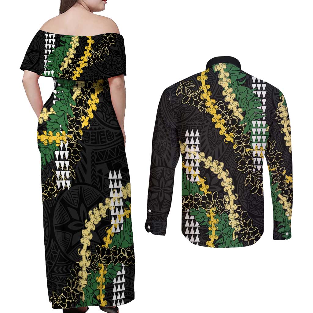 Hawaii Aloha Kakau Couples Matching Off Shoulder Maxi Dress and Long Sleeve Button Shirt Puakenikeni and Maile Lei Twist LT7 - Polynesian Pride