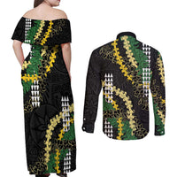 Hawaii Aloha Kakau Couples Matching Off Shoulder Maxi Dress and Long Sleeve Button Shirt Puakenikeni and Maile Lei Twist LT7 - Polynesian Pride