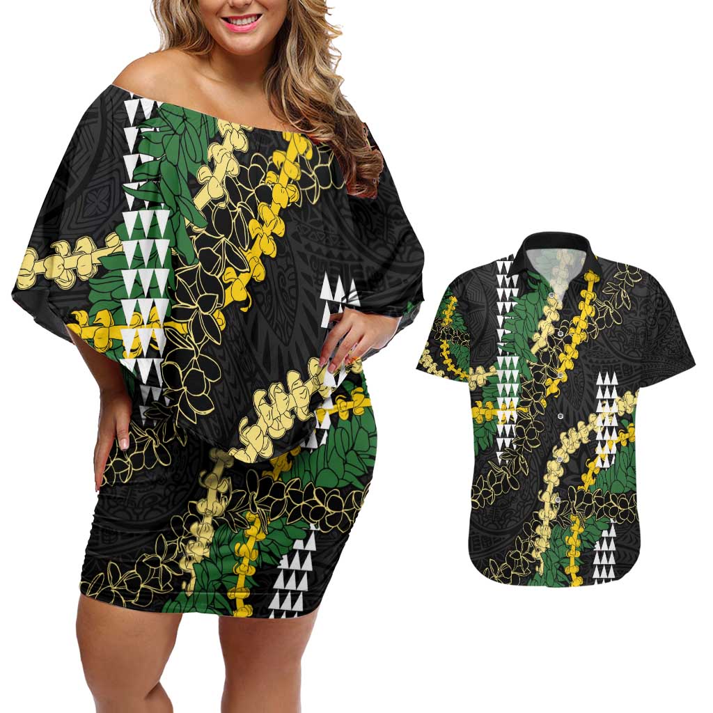 Hawaii Aloha Kakau Couples Matching Off Shoulder Short Dress and Hawaiian Shirt - Puakenikeni and Maile Lei Twist LT7 Black - Polynesian Pride