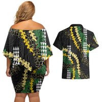 Hawaii Aloha Kakau Couples Matching Off Shoulder Short Dress and Hawaiian Shirt - Puakenikeni and Maile Lei Twist LT7 - Polynesian Pride