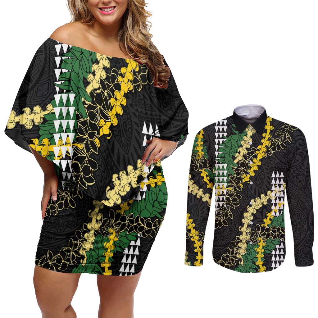 Hawaii Aloha Kakau Couples Matching Off Shoulder Short Dress and Long Sleeve Button Shirt Puakenikeni and Maile Lei Twist LT7 Black - Polynesian Pride