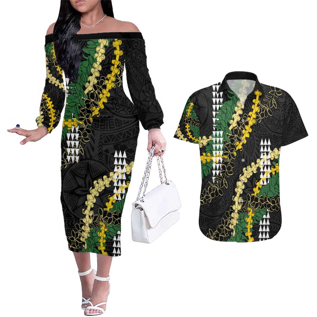 Hawaii Aloha Kakau Couples Matching Off The Shoulder Long Sleeve Dress and Hawaiian Shirt Puakenikeni and Maile Lei Twist LT7 Black - Polynesian Pride