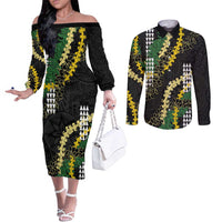 Hawaii Aloha Kakau Couples Matching Off The Shoulder Long Sleeve Dress and Long Sleeve Button Shirt Puakenikeni and Maile Lei Twist LT7 Black - Polynesian Pride