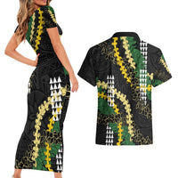 Hawaii Aloha Kakau Couples Matching Short Sleeve Bodycon Dress and Hawaiian Shirt Puakenikeni and Maile Lei Twist LT7 - Polynesian Pride