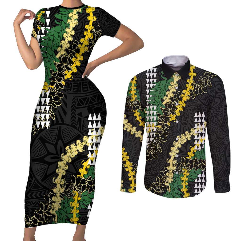 Hawaii Aloha Kakau Couples Matching Short Sleeve Bodycon Dress and Long Sleeve Button Shirt Puakenikeni and Maile Lei Twist LT7 Black - Polynesian Pride
