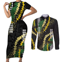 Hawaii Aloha Kakau Couples Matching Short Sleeve Bodycon Dress and Long Sleeve Button Shirt Puakenikeni and Maile Lei Twist LT7 Black - Polynesian Pride