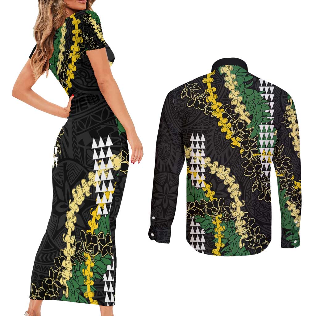 Hawaii Aloha Kakau Couples Matching Short Sleeve Bodycon Dress and Long Sleeve Button Shirt Puakenikeni and Maile Lei Twist LT7 - Polynesian Pride