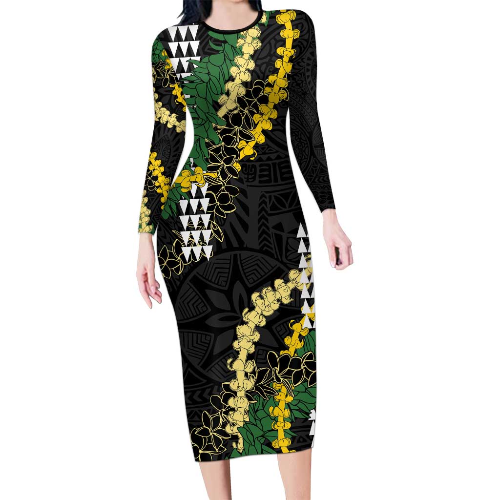 Hawaii Aloha Kakau Family Matching Long Sleeve Bodycon Dress and Hawaiian Shirt Puakenikeni and Maile Lei Twist LT7 Mom's Dress Black - Polynesian Pride
