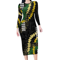Hawaii Aloha Kakau Family Matching Long Sleeve Bodycon Dress and Hawaiian Shirt Puakenikeni and Maile Lei Twist LT7 Mom's Dress Black - Polynesian Pride