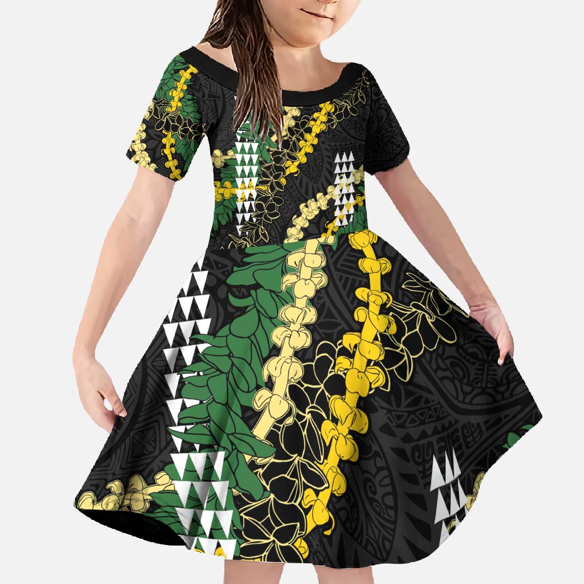 Hawaii Aloha Kakau Family Matching Off The Shoulder Long Sleeve Dress and Hawaiian Shirt Puakenikeni and Maile Lei Twist LT7 Daughter's Dress Black - Polynesian Pride