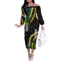 Hawaii Aloha Kakau Family Matching Off The Shoulder Long Sleeve Dress and Hawaiian Shirt Puakenikeni and Maile Lei Twist LT7 Mom's Dress Black - Polynesian Pride