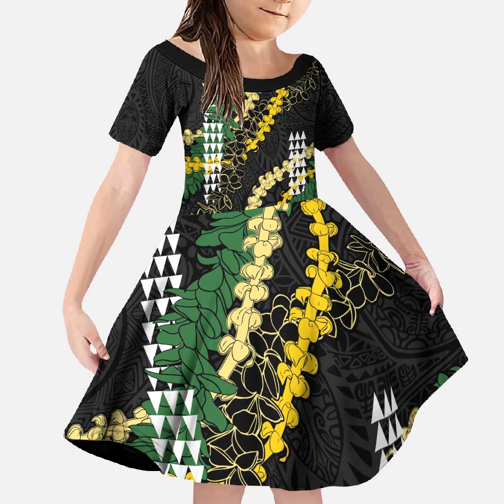 Hawaii Aloha Kakau Family Matching Off Shoulder Maxi Dress and Hawaiian Shirt Puakenikeni and Maile Lei Twist LT7 Daughter's Dress Black - Polynesian Pride