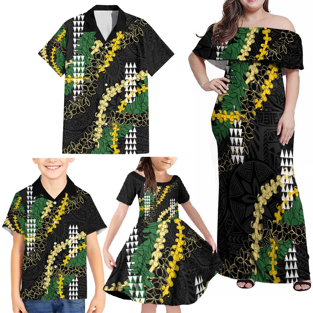 Hawaii Aloha Kakau Family Matching Off Shoulder Maxi Dress and Hawaiian Shirt Puakenikeni and Maile Lei Twist LT7 - Polynesian Pride