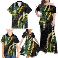 Hawaii Aloha Kakau Family Matching Off Shoulder Maxi Dress and Hawaiian Shirt Puakenikeni and Maile Lei Twist LT7 - Polynesian Pride