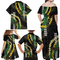 Hawaii Aloha Kakau Family Matching Off Shoulder Maxi Dress and Hawaiian Shirt Puakenikeni and Maile Lei Twist LT7 - Polynesian Pride