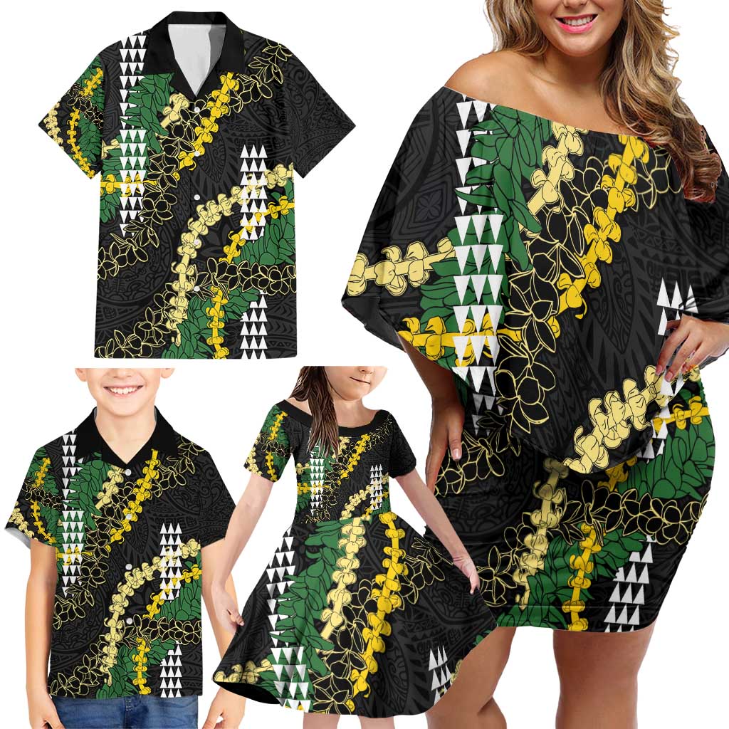 Hawaii Aloha Kakau Family Matching Off Shoulder Short Dress and Hawaiian Shirt Puakenikeni and Maile Lei Twist LT7 - Polynesian Pride