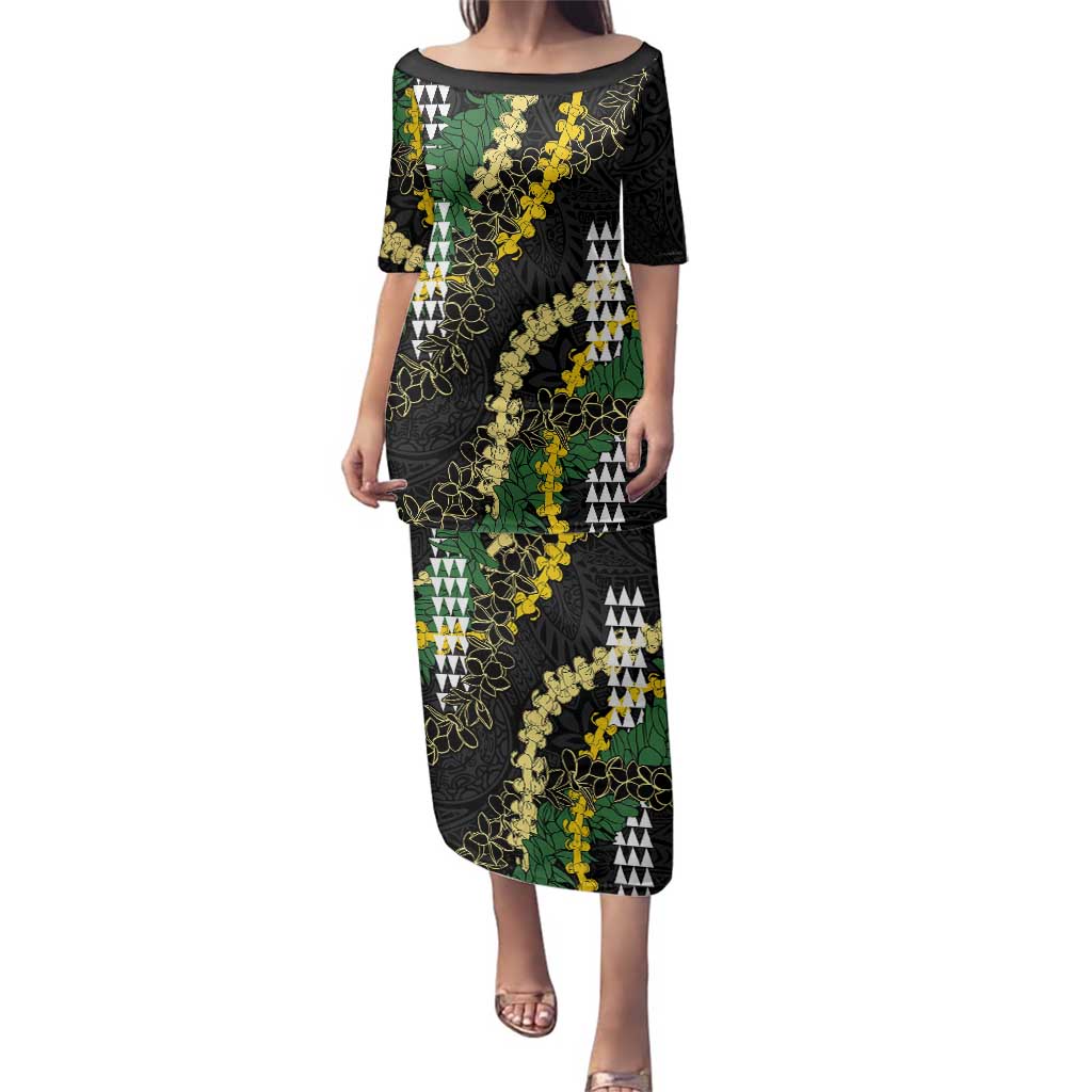 Hawaii Aloha Kakau Family Matching Puletasi and Hawaiian Shirt Puakenikeni and Maile Lei Twist LT7 Mom's Dress Black - Polynesian Pride