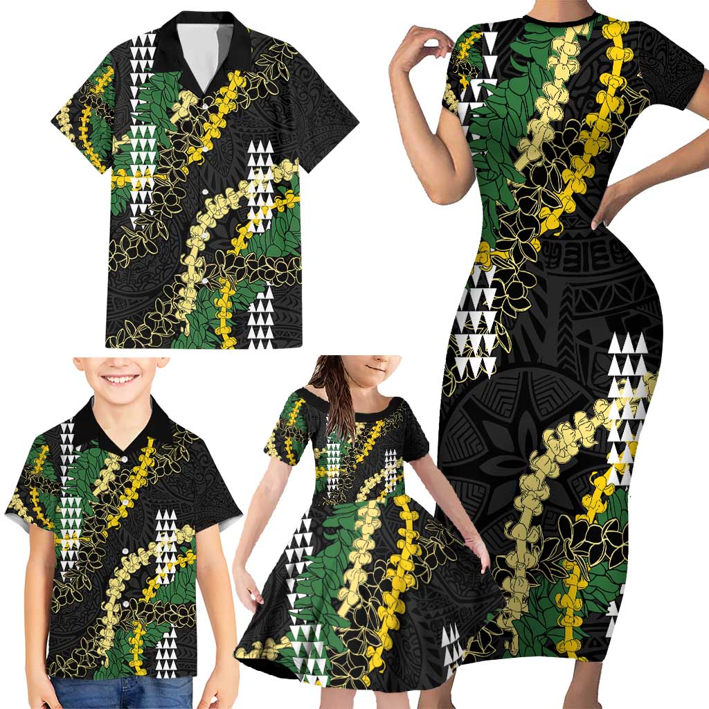 Hawaii Aloha Kakau Family Matching Short Sleeve Bodycon Dress and Hawaiian Shirt Puakenikeni and Maile Lei Twist LT7 - Polynesian Pride