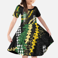 Hawaii Aloha Kakau Family Matching Summer Maxi Dress and Hawaiian Shirt Puakenikeni and Maile Lei Twist LT7 Daughter's Dress Black - Polynesian Pride