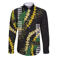 Hawaii Aloha Kakau Family Matching Summer Maxi Dress and Hawaiian Shirt Puakenikeni and Maile Lei Twist LT7 Dad's Shirt - Long Sleeve Black - Polynesian Pride