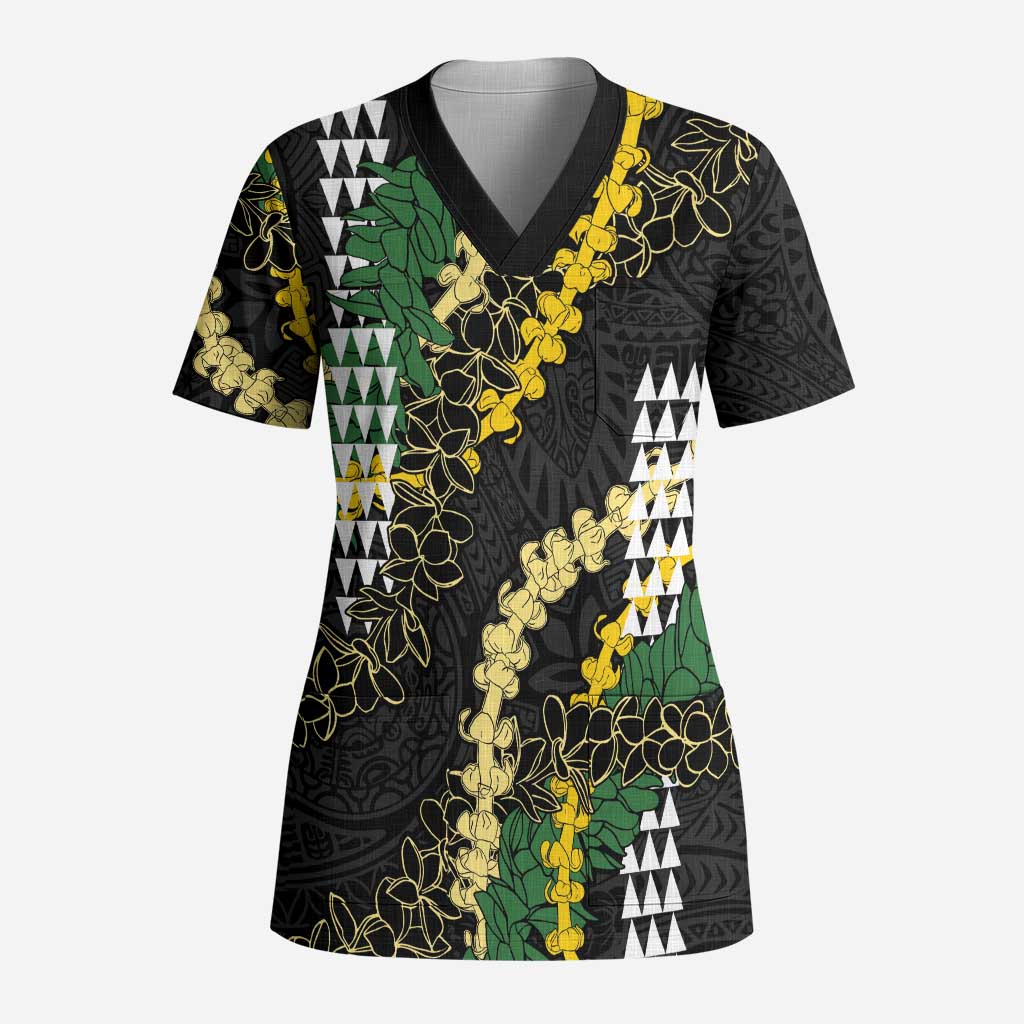 Hawaii Aloha Kakau Scrub Top Puakenikeni and Maile Lei Twist LT7 Adult Black - Polynesian Pride