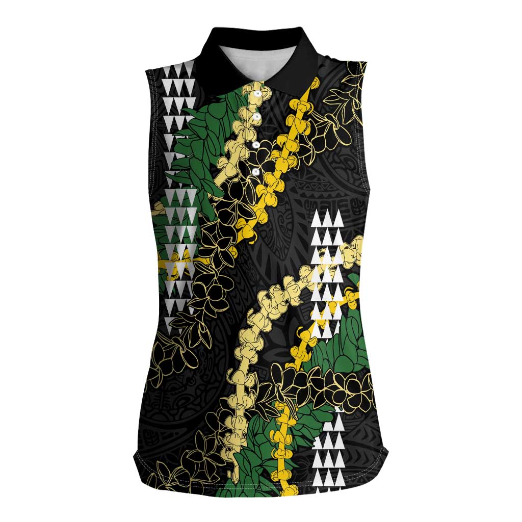 Hawaii Aloha Kakau Women Sleeveless Polo Shirt Puakenikeni and Maile Lei Twist LT7 Female Black - Polynesian Pride