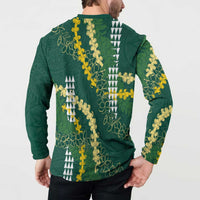 Hawaii Aloha Kakau Button Sweatshirt Green Puakenikeni and Maile Lei Twist