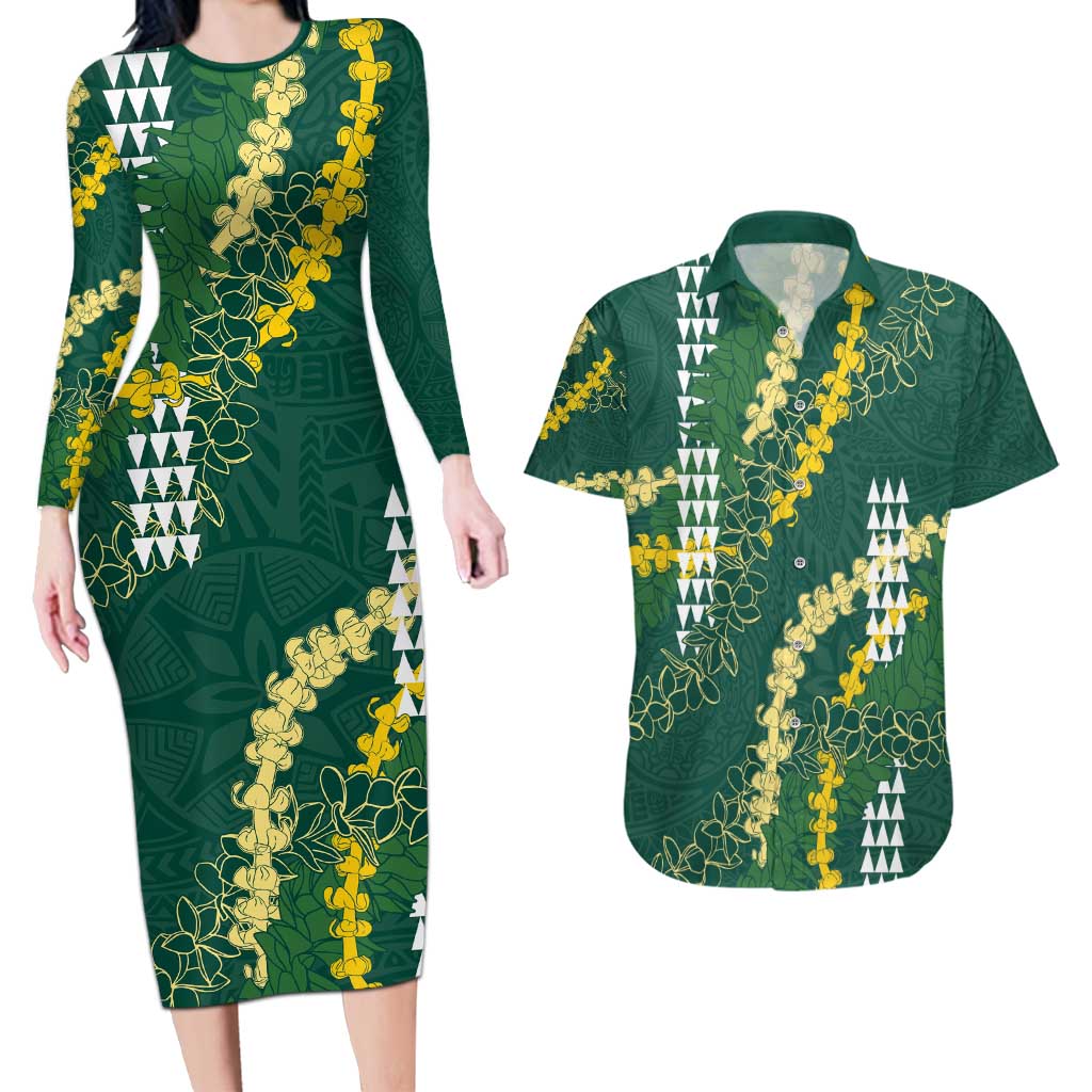 Hawaii Aloha Kakau Couples Matching Long Sleeve Bodycon Dress and Hawaiian Shirt Green Puakenikeni and Maile Lei Twist LT7 Green - Polynesian Pride
