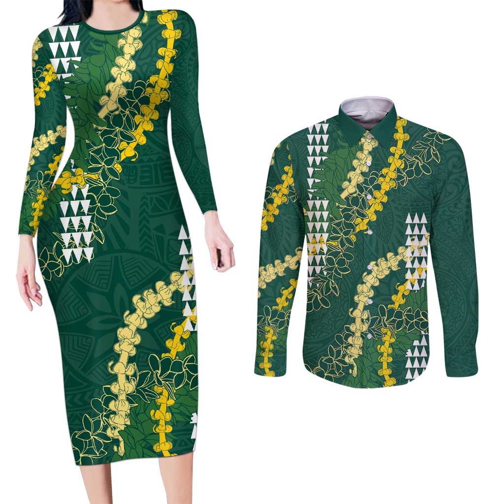 Hawaii Aloha Kakau Couples Matching Long Sleeve Bodycon Dress and Long Sleeve Button Shirt Green Puakenikeni and Maile Lei Twist LT7 Green - Polynesian Pride