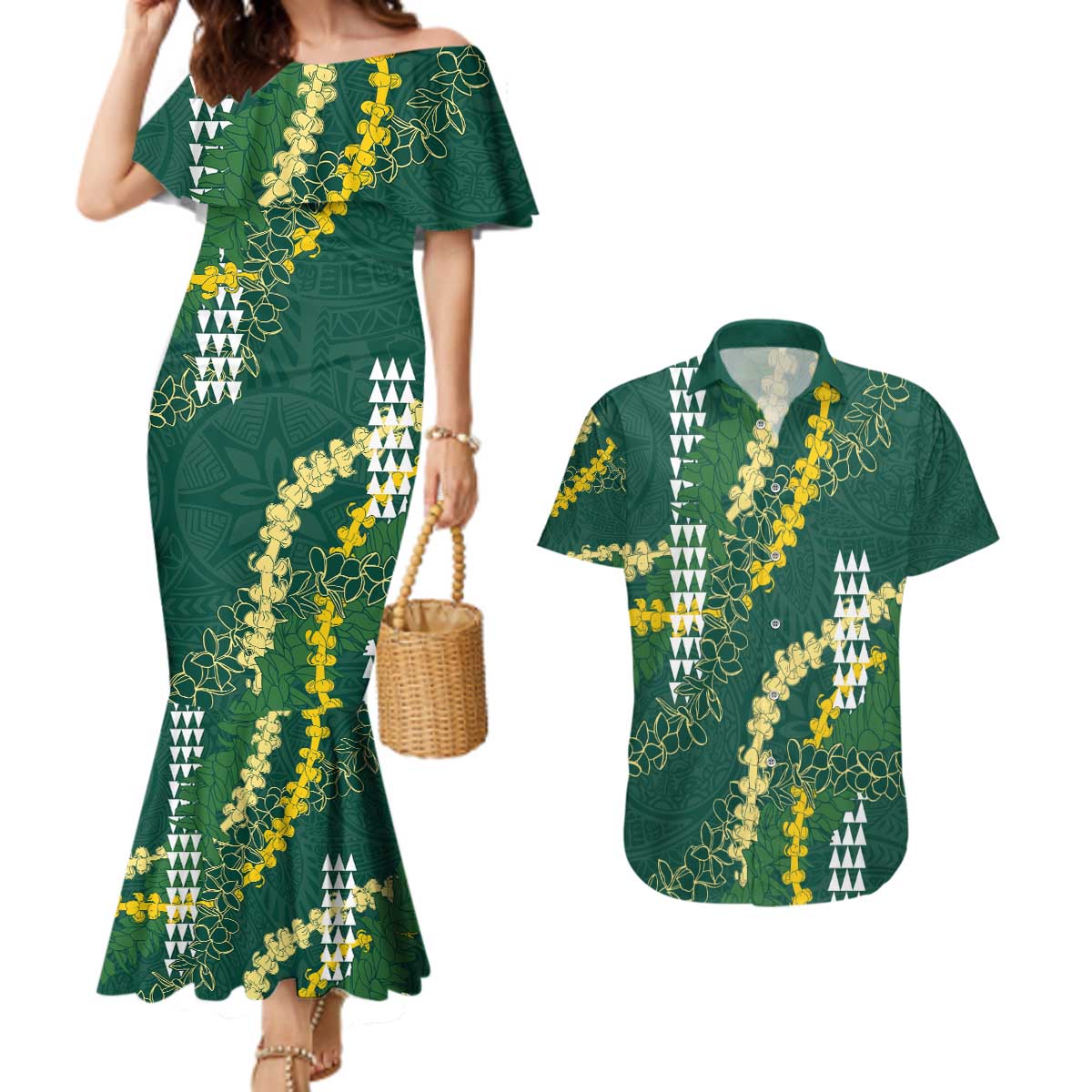 Hawaii Aloha Kakau Couples Matching Mermaid Dress and Hawaiian Shirt Green Puakenikeni and Maile Lei Twist LT7 Green - Polynesian Pride
