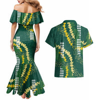 Hawaii Aloha Kakau Couples Matching Mermaid Dress and Hawaiian Shirt Green Puakenikeni and Maile Lei Twist LT7 - Polynesian Pride