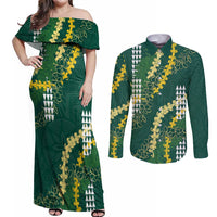 Hawaii Aloha Kakau Couples Matching Off Shoulder Maxi Dress and Long Sleeve Button Shirt Green Puakenikeni and Maile Lei Twist LT7 Green - Polynesian Pride