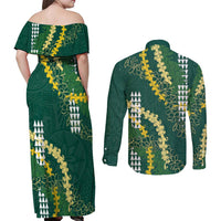 Hawaii Aloha Kakau Couples Matching Off Shoulder Maxi Dress and Long Sleeve Button Shirt Green Puakenikeni and Maile Lei Twist LT7 - Polynesian Pride
