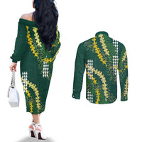 Hawaii Aloha Kakau Couples Matching Off The Shoulder Long Sleeve Dress and Long Sleeve Button Shirt Green Puakenikeni and Maile Lei Twist LT7 - Polynesian Pride