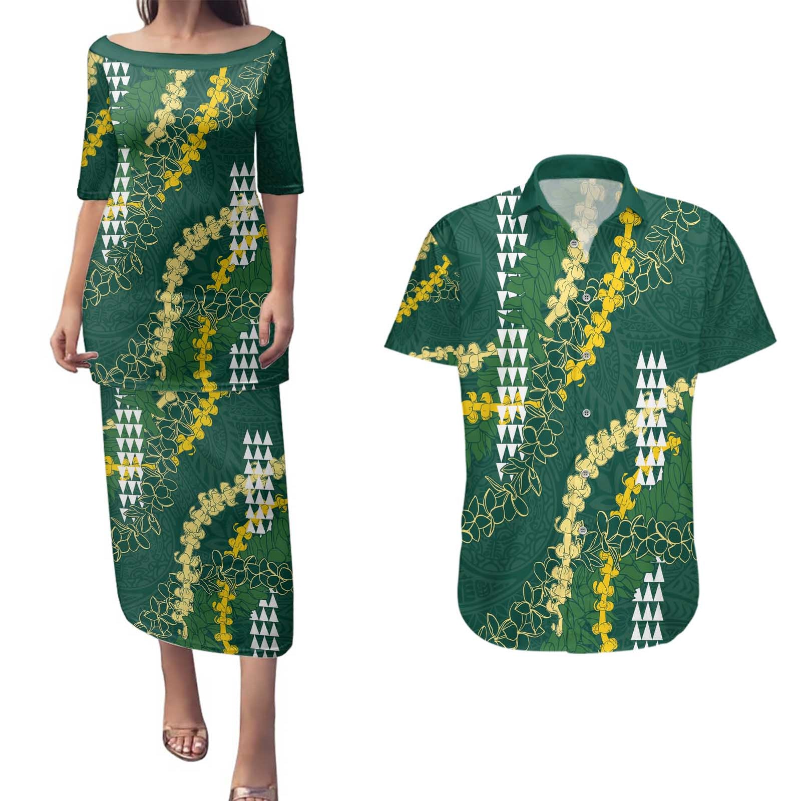 Hawaii Aloha Kakau Couples Matching Puletasi and Hawaiian Shirt Green Puakenikeni and Maile Lei Twist